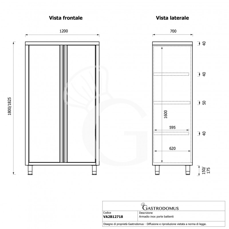Armario de acero inoxidable con 2 puertas batientes, 3 estantes, L 1200 x P 700 x H 1800 mm