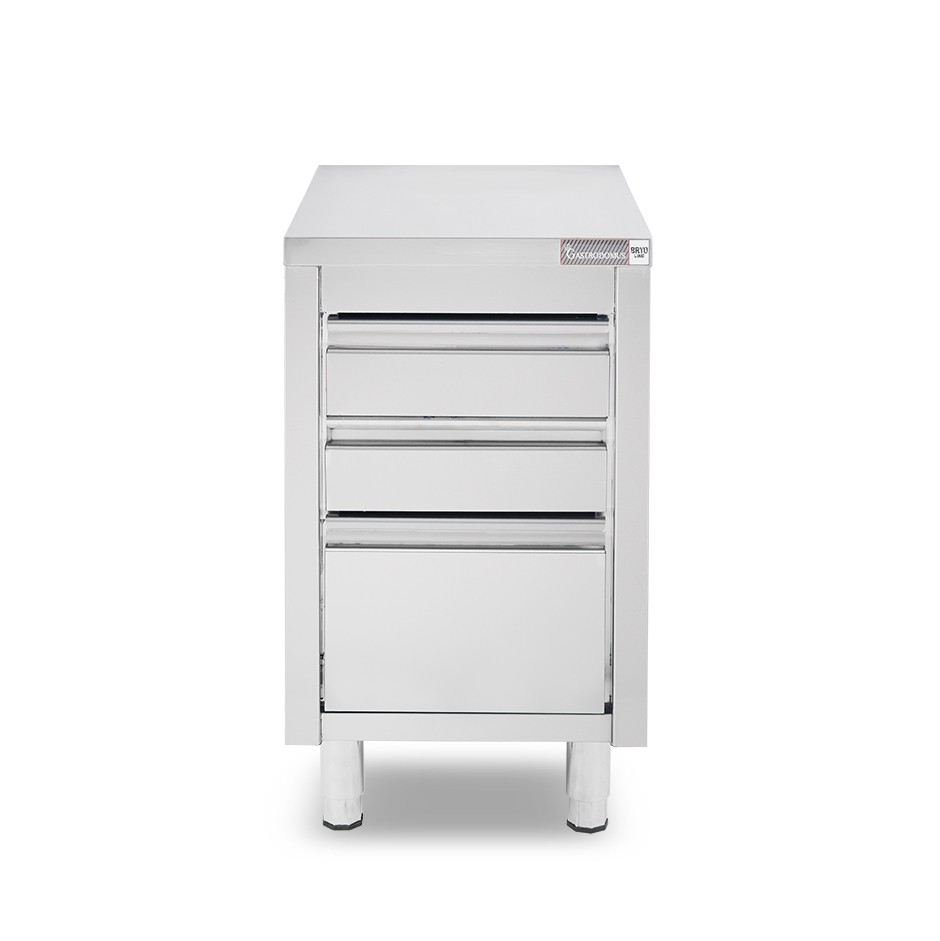 Cajonera de acero inoxidable 3 cajones - 2 pequeños + 1 cajón grande – L500 × P700 × H855 mm