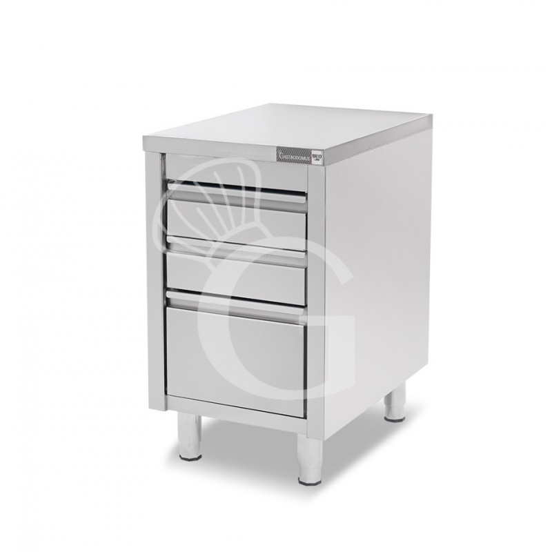 Cajonera de acero inoxidable 3 cajones - 2 pequeños + 1 cajón grande – L500 × P700 × H855 mm