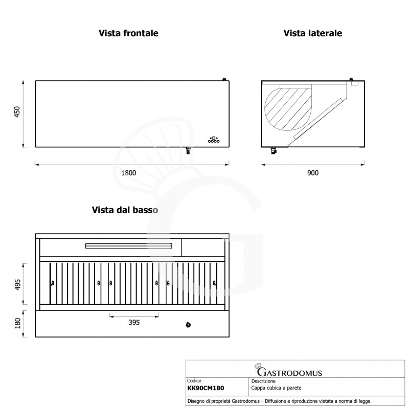Campana cúbica de pared con motor full optional, L 1800 x P 900 x H 450 mm