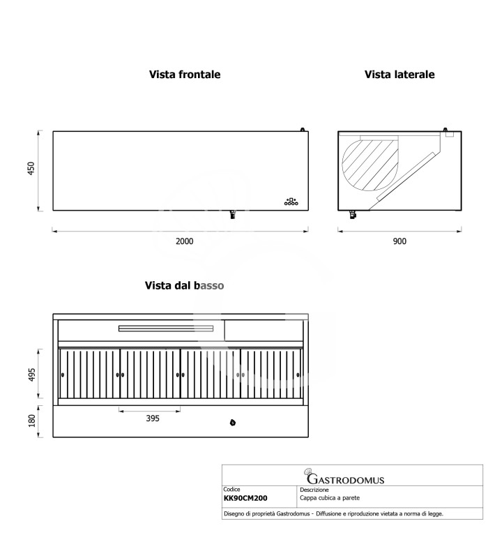 Campana mural cúbica con motor, full opcional L 2000 x P 900 x H 450 mm