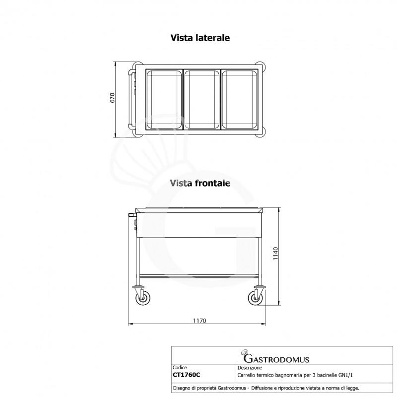 Carro térmico baño maría para 3 cubetas GN1/1 - L 1170 mm x P 670 mm x A 1140 mm