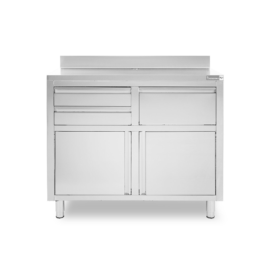 Contrabarra bar para máquina de café con cajones, tolva y encimera de acero inoxidable con peto – L 1245 x P 600 x H 1150 mm