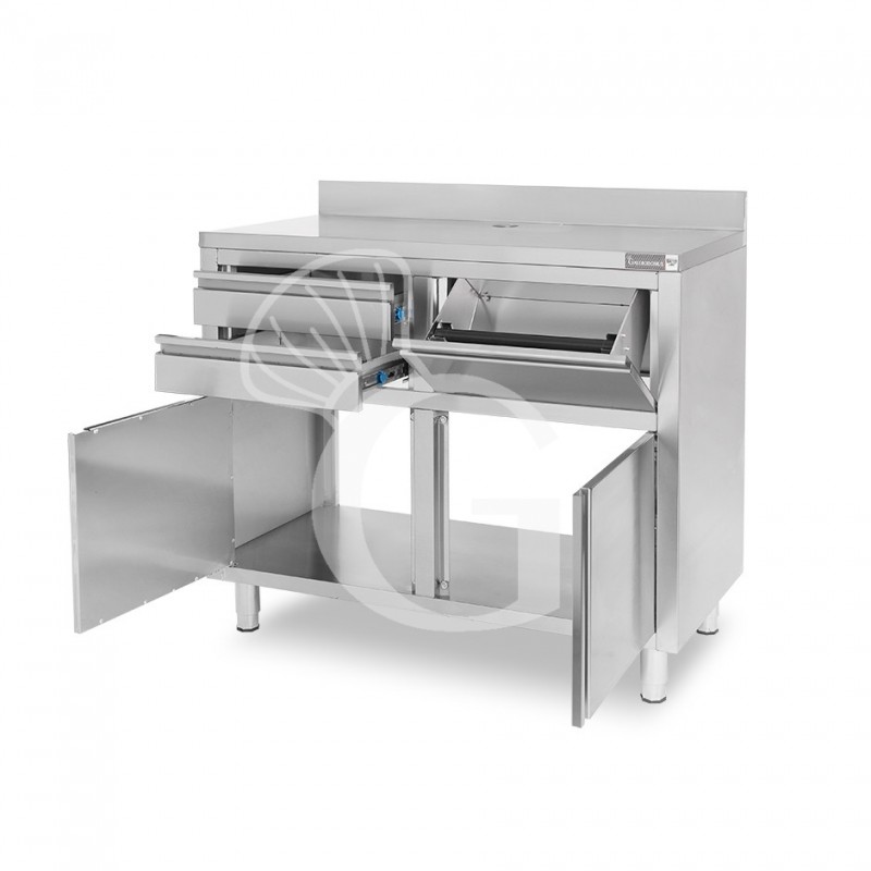 Contrabarra bar para máquina de café con cajones, tolva y encimera de acero inoxidable con peto – L 1245 x P 600 x H 1150 mm