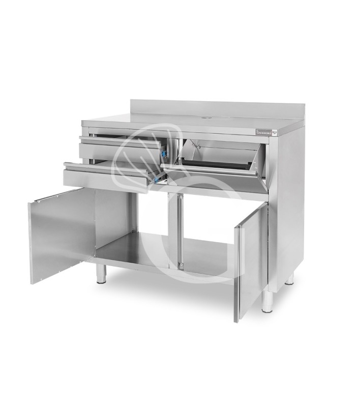 Mueble bar para cafetera con cajones, tolva recogeposos y encimera inox con peto – 1245 × 600 × 1150 mm
