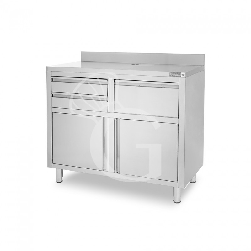 Contrabarra bar para máquina de café con cajones, tolva y encimera de acero inoxidable con peto – L 1245 x P 600 x H 1150 mm