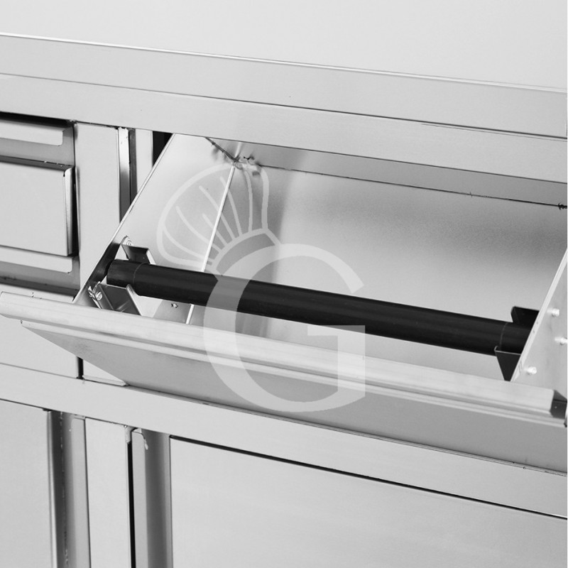 Contrabarra bar para máquina de café con cajones, tolva y encimera de acero inoxidable con peto – L 1245 x P 600 x H 1150 mm