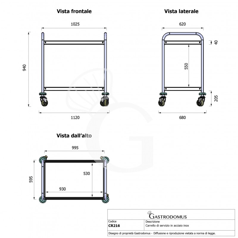 Carro de servicio en acero inoxidable - 2 estantes - L1120 x P680 x H940 mm