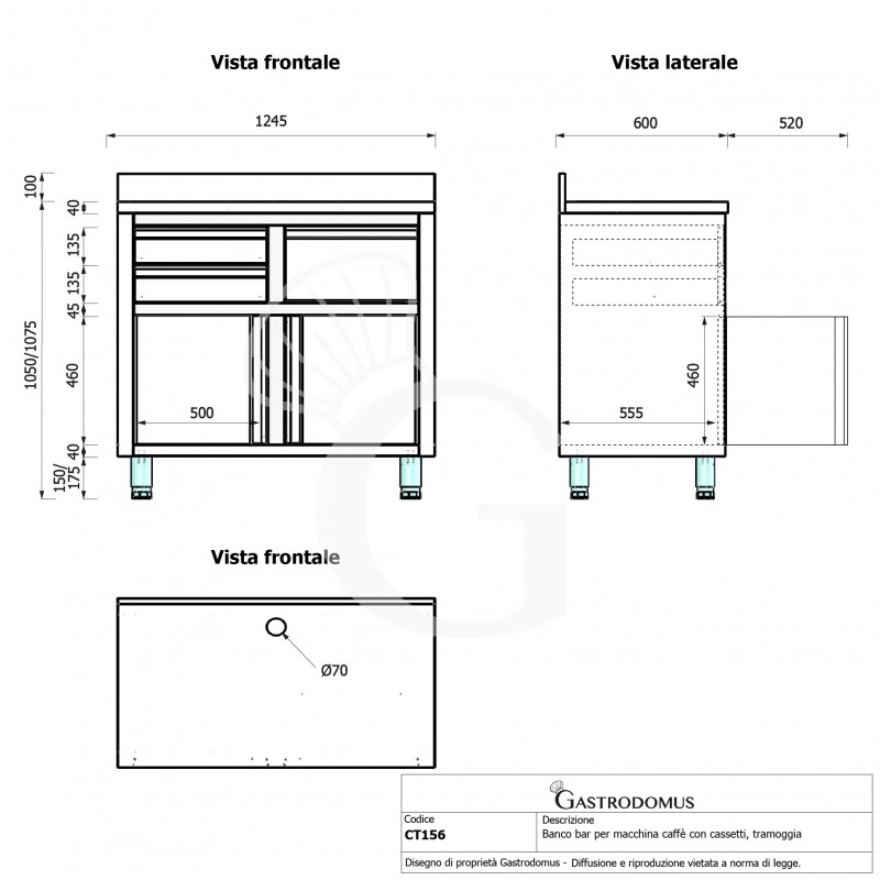 Contrabarra bar para máquina de café con cajones, tolva y encimera de acero inoxidable con peto – L 1245 x P 600 x H 1150 mm