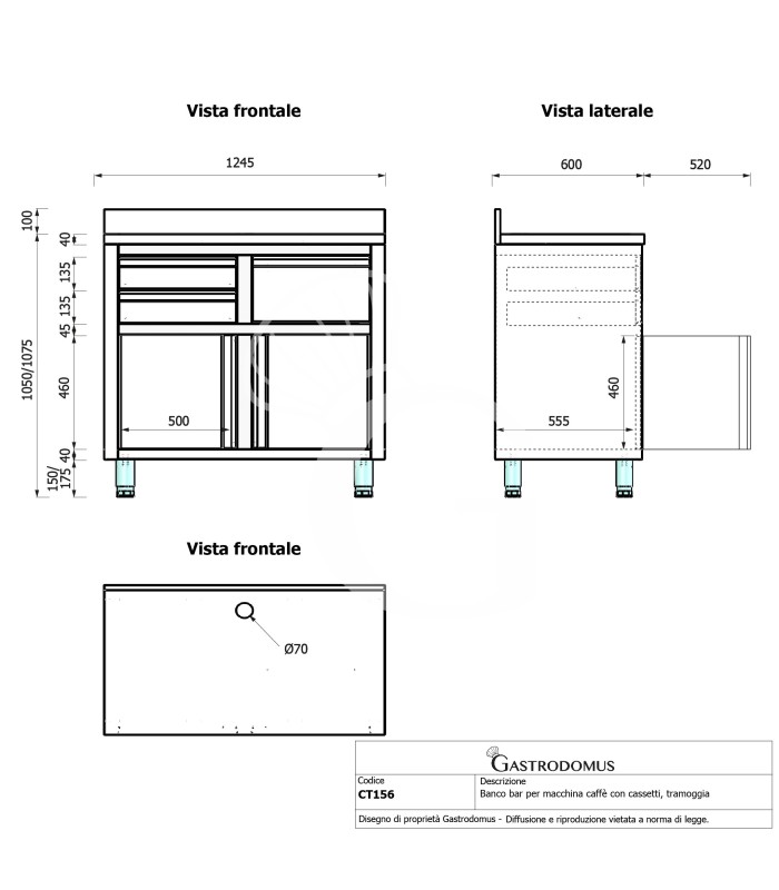 Mueble bar para cafetera con cajones, tolva recogeposos y encimera inox con peto – 1245 × 600 × 1150 mm