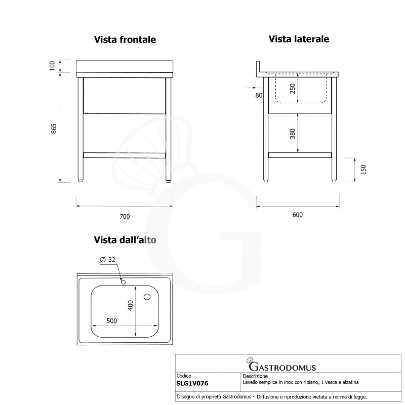 Fregadero en acero inox, 1 estante, peto trasero - L700 x P600 x H965 mm