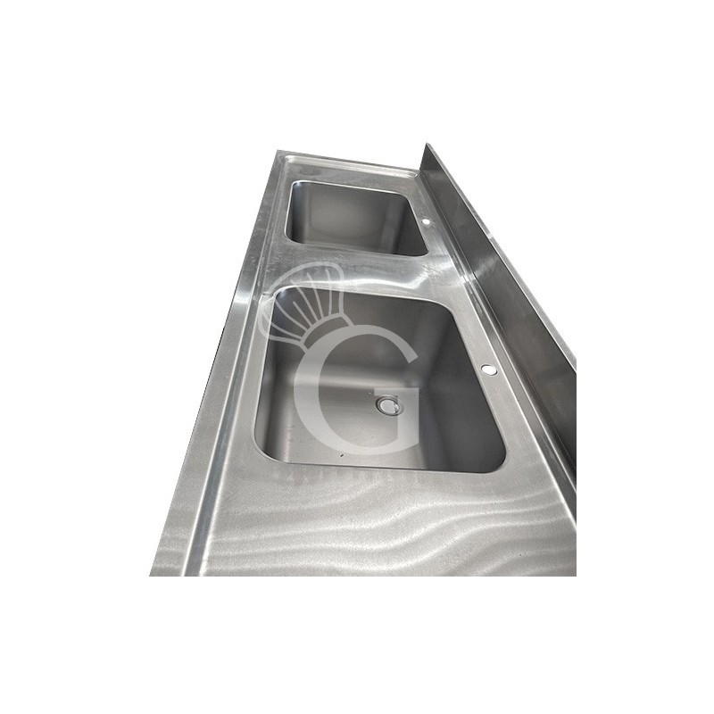 Fregadero para ollas inox, puertas correderas, peto, 2 senos y L1800 x P600 x H 965 - con dos orificios para grifo Ø 32 mm