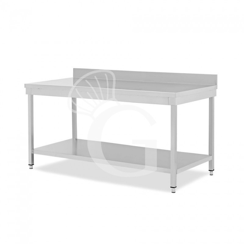 Mesa de acero inoxidable con estante inferior y peto L 2000 mm x P 800 mm x A 950 mm