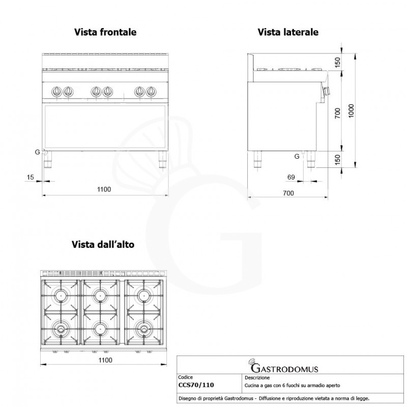 Cocina de gas profesional 6 fuegos con mueble abierto profundidad 700 mm
