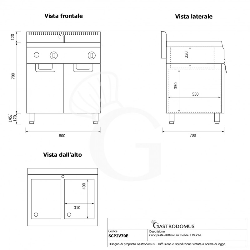 Cocedor de pasta profesional eléctrico sobre mueble cerrado  cubas, 28LT + 28LT , 24 KW Prof. 700