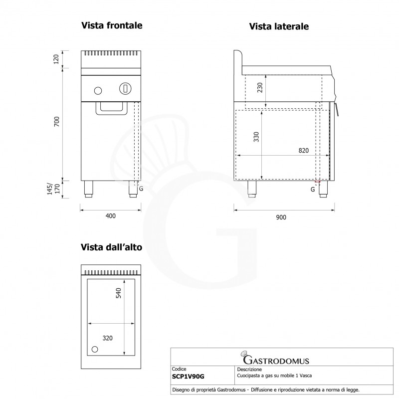 Cocedor de pasta profesional de gas sobre mueble cerrado 1 cuba 40 LT