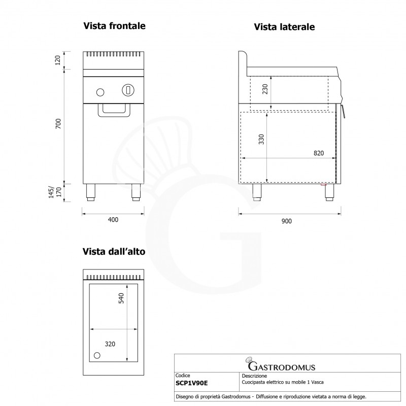 Cocedor de pasta profesional eléctrico sobre mueble cerrado, 1 cuba de 40 litros