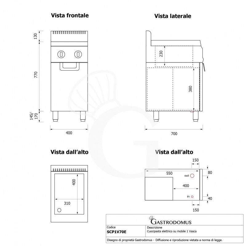 Cuecepasta eléctrico profesional sobre mueble cerrado 1 cuba 28 LT, P 700mm