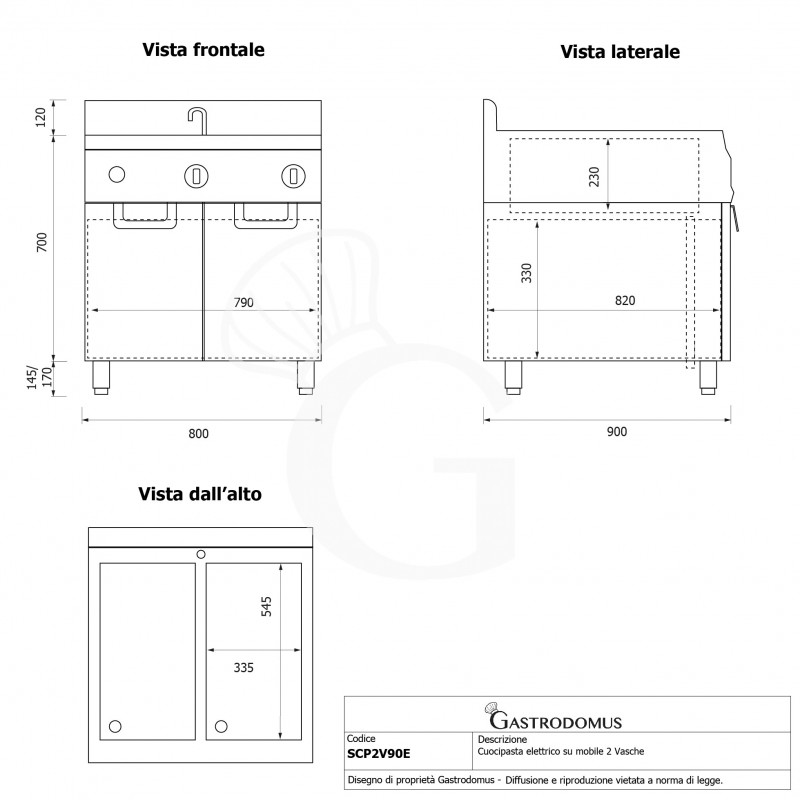 Cocedor de pasta profesional eléctrico sobre mueble cerrado, prof. 900 mm -2 cubas, 40L + 40L, 24 KW