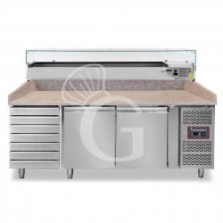 Mostrador para pizza 600 x 400, 2 puertas, 7 cajones, vitrina con 10 bandejas GN1/4, 390 L.