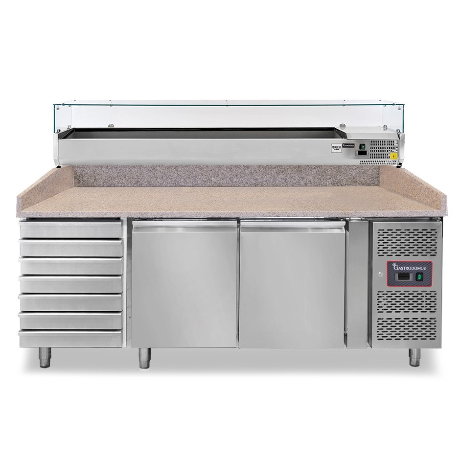 Mostrador para pizza 600 x 400, 2 puertas, 7 cajones, vitrina con 10 bandejas GN1/4, 390 L.