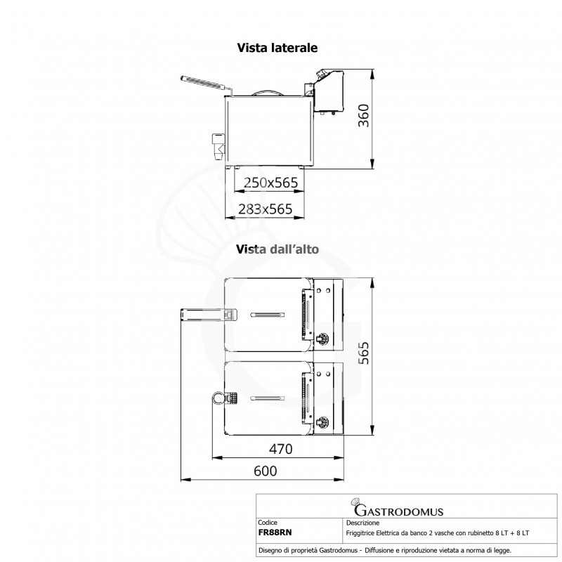 Freidora eléctrica de sobremesa de 2 cubas con grifo de vaciado 8 L + 8 L, potencia 3 + 3 kW, monofásica
