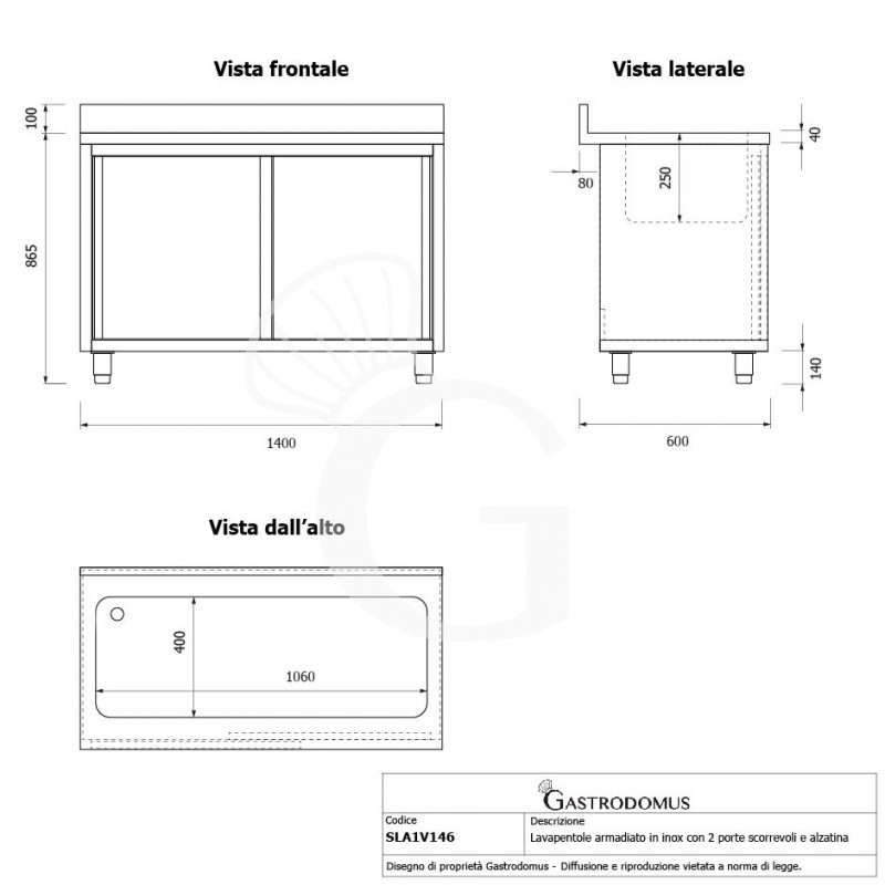Fregadero para ollas con mueble inox 2 puertas correderas, peto, 1 cuba L1400mmxP600mmxA965mm con agujero para grifo Ø 32 mm