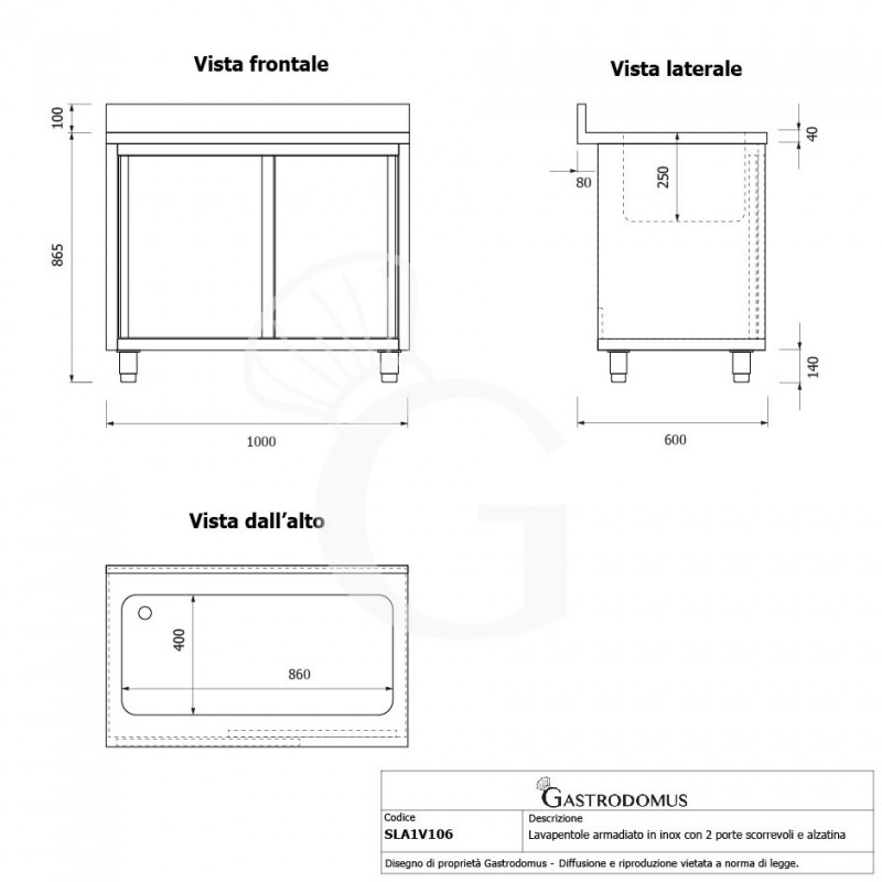 Fregadero para ollas con mueble inox 2 puertas correderas, peto, 1 cuba L1000mmxP600mmxA965mm con agujero para grifo Ø 32 mm