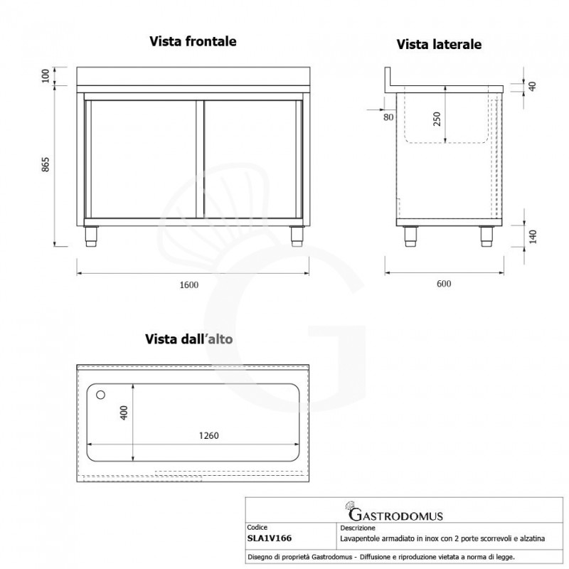 Fregadero utensilios en acero inox, puertas correderas,peto,1seno,L1600 x P600 x H965mm-con orificio grifo  Ø 32mm
