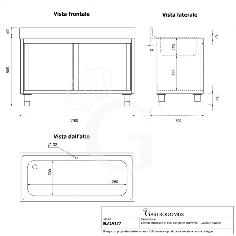 Fregadero para ollas con mueble inox 2 puertas correderas, peto, 1 cuba L 1700 mm x P 700 mm x A 965 mm agujero grifo Ø32mm