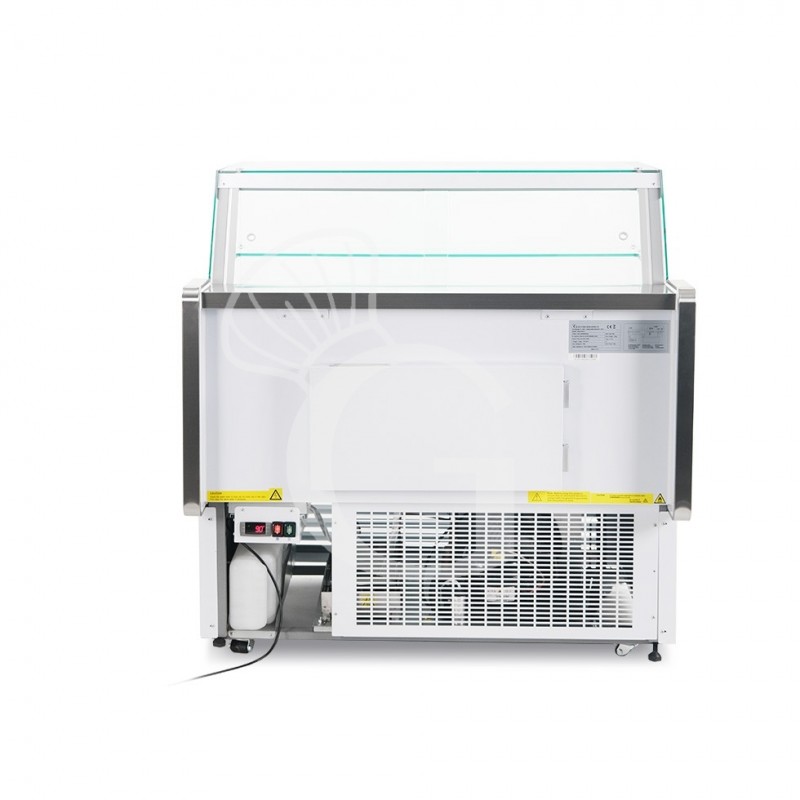 Mostrador expositor de gastronomía ventilado, vidrio recto, estante intermedio, 0°/+5°C, longitud 1200 mm, full opcional.