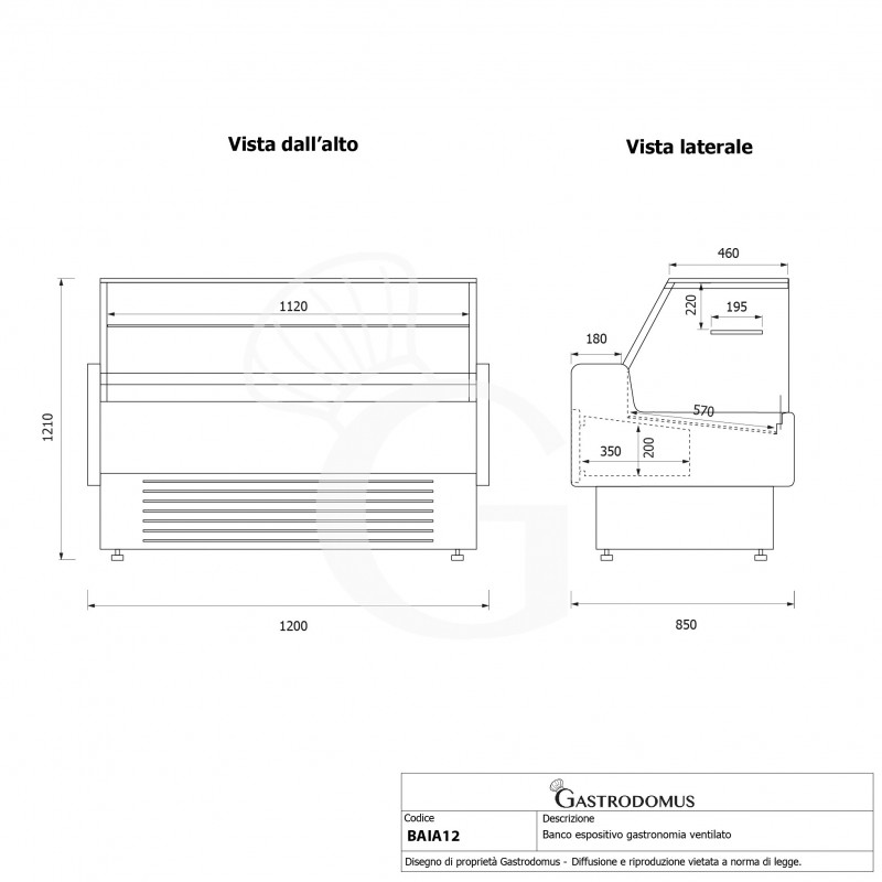Mostrador expositor de gastronomía ventilado, vidrio recto, estante intermedio, 0°/+5°C, longitud 1200 mm, full opcional.
