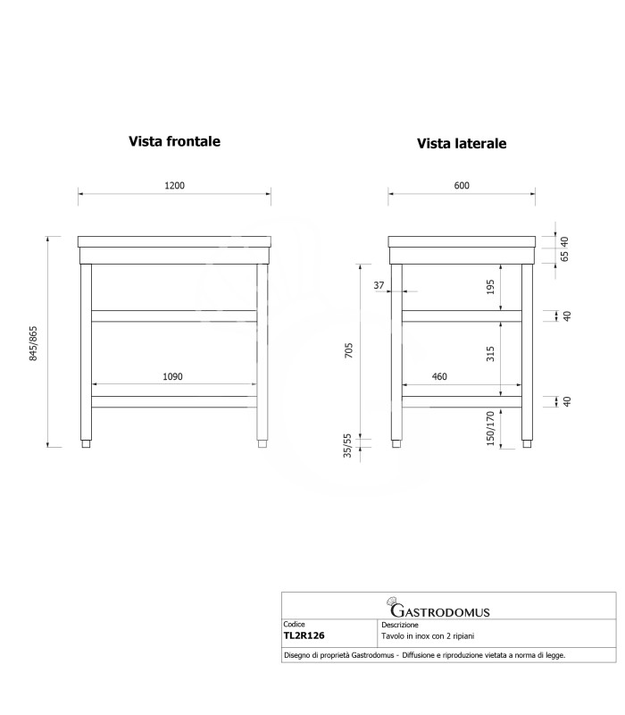 Mesa de trabajo de acero inoxidable con 2 estantes L 1200 mm x P 600 mm x A 865 mm