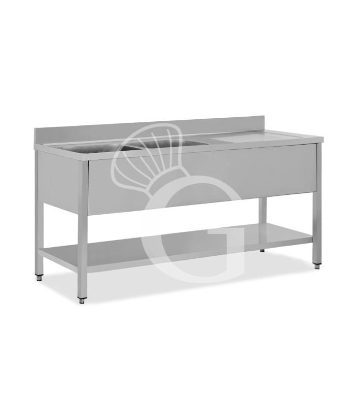 Fregadero inox con 2 cubetas y escurridor a la derecha, estante y peto L 1600 mm x P 600 mm x A 950 mm