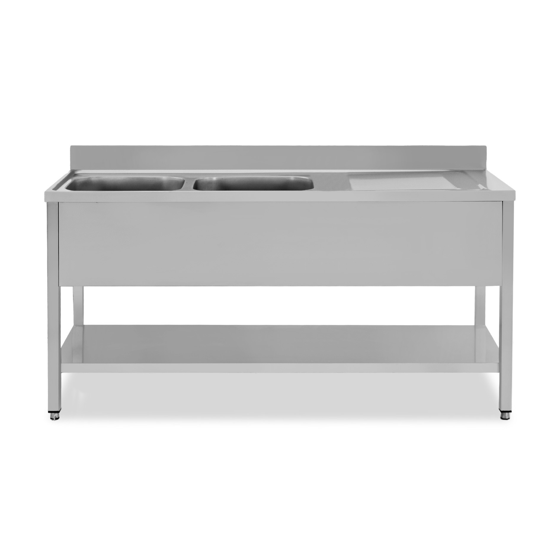 Fregadero inox con 2 cubetas y escurridor a la derecha, estante y peto L 1600 mm x P 600 mm x A 950 mm