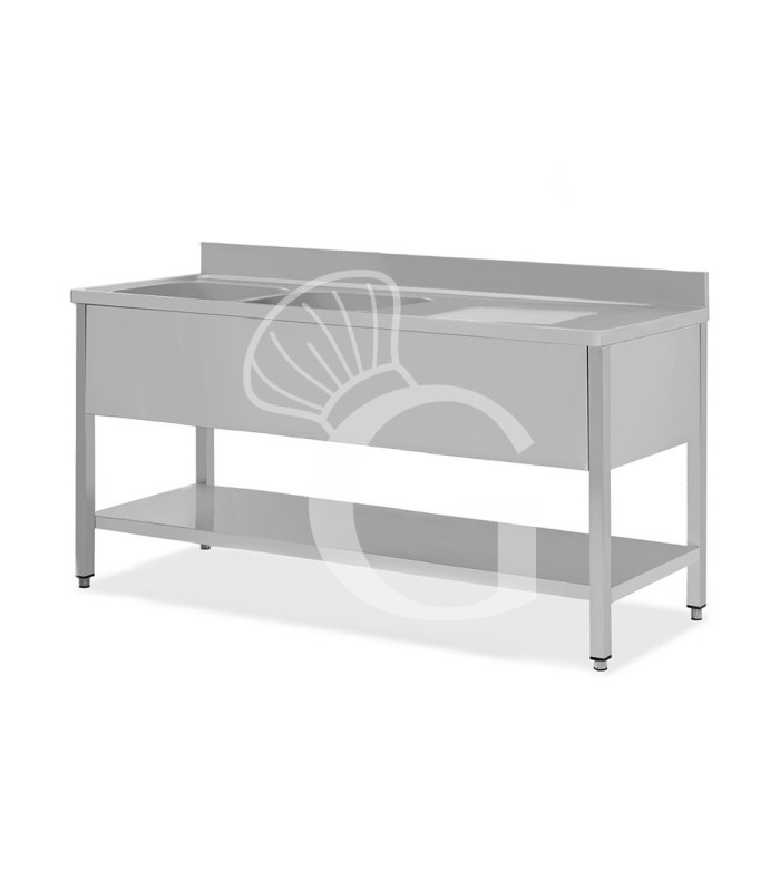 Fregadero inox con 2 cubetas y escurridor a la derecha, estante y peto L 1600 mm x P 600 mm x A 950 mm