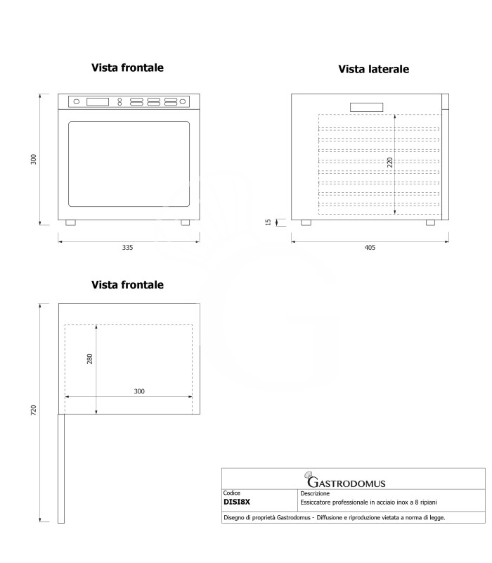 Deshidratador profesional en acero inoxidable, 8 estantes, control digital – 0,5 kW.