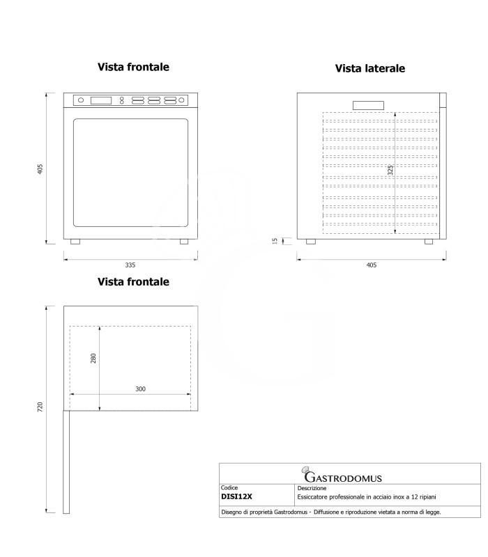 Deshidratador profesional en acero inoxidable, 12 estantes, control digital – 0,5 kW.
