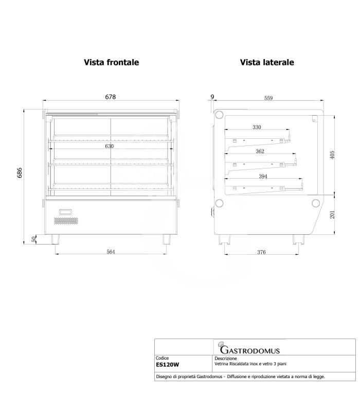Vitrina caliente de vidrio y acero inoxidable 3 estantes +30°C/+90°C 120 LT L 678 mm x P 568 mm x A 686 mm