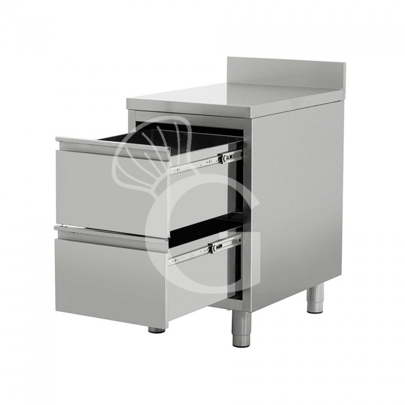 Cajonera de acero inoxidable con 2 cajónes y peto, L 500 x P 600 x A 950 mm