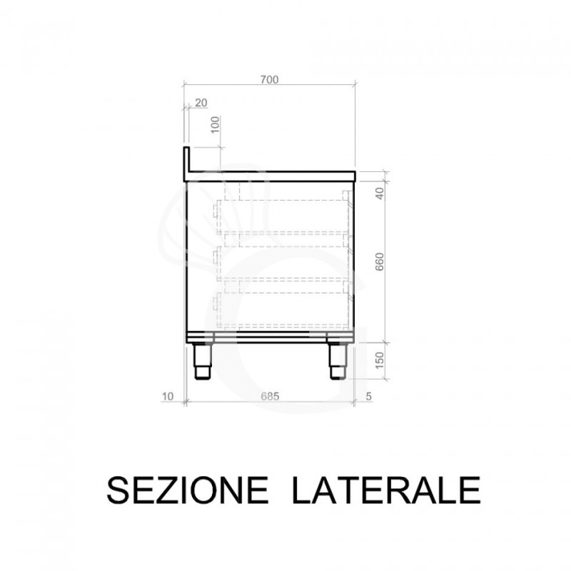 Cajonera de acero inoxidable con 3 cajones y peto trasero – L 400 × P 700 × H 950 mm