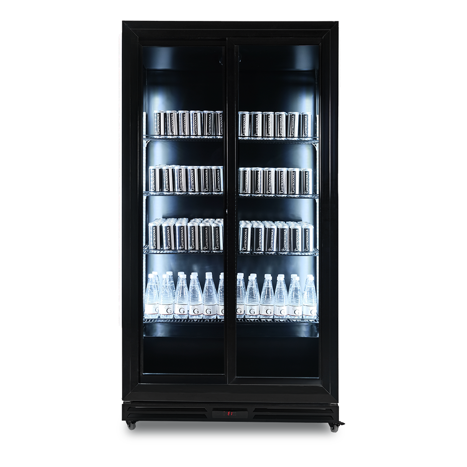 Expositor refrigerado ventilado para bebidas con 2 puertas correderas - 850 L- temperatura de trabajo 2°C / +10°C, color negro