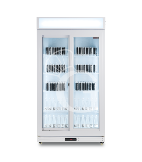 Expositor refrigerado ventilado para bebidas con doble puerta corredera y canopy - 850 LT - +2°C / +10°C, color blanco