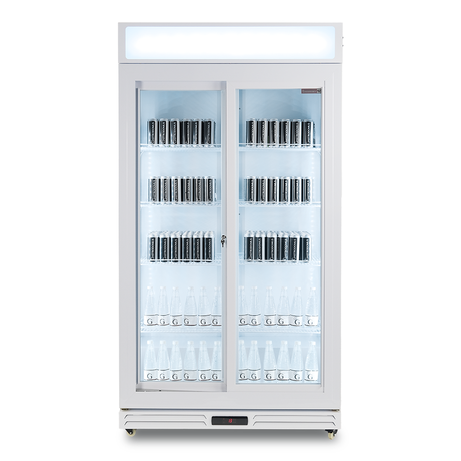 Expositor refrigerado ventilado para bebidas con doble puerta corredera y canopy - 850 LT - +2°C / +10°C, color blanco