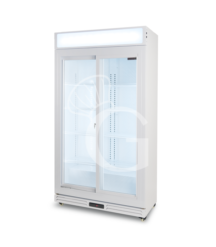 Expositor refrigerado ventilado para bebidas con doble puerta corredera y canopy - 850 LT - +2°C / +10°C, color blanco