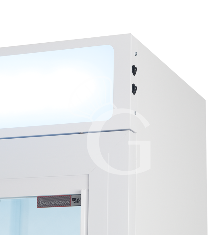 Expositor refrigerado ventilado para bebidas con doble puerta corredera y canopy - 850 LT - +2°C / +10°C, color blanco