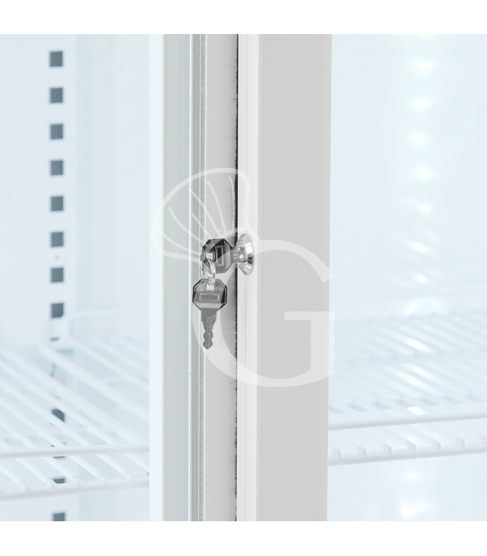 Expositor refrigerado ventilado para bebidas con doble puerta corredera y canopy - 850 LT - +2°C / +10°C, color blanco