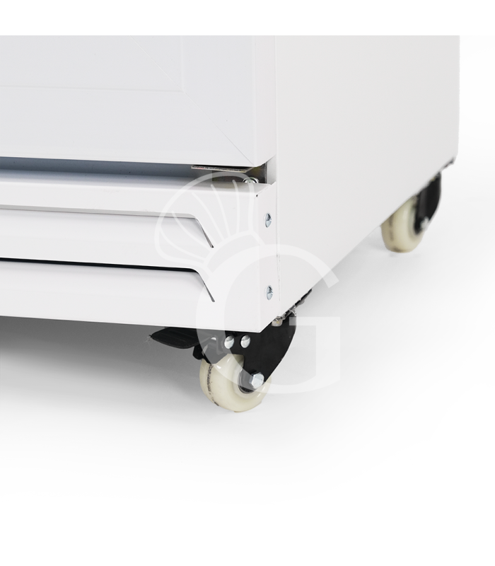 Expositor refrigerado ventilado para bebidas con doble puerta corredera y canopy - 850 LT - +2°C / +10°C, color blanco