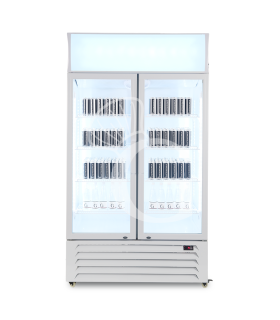 Expositor refrigerado ventilado para bebidas, 2 puertas abatibles, canopy iluminado, capacidad 632 L,+2°C/+10°C, color blanco.