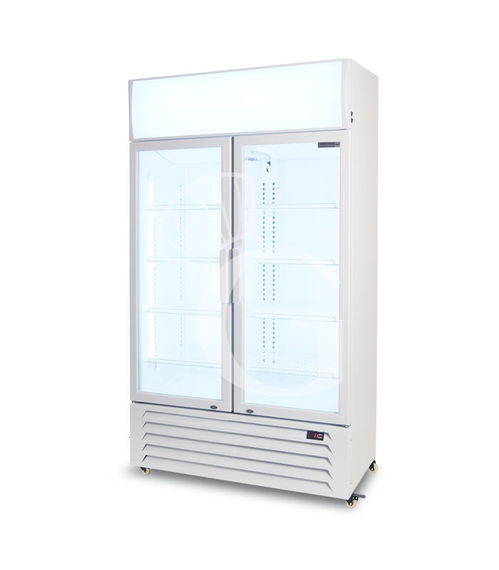 Expositor refrigerado ventilado para bebidas, 2 puertas abatibles, canopy iluminado, capacidad 632 L,+2°C/+10°C, color blanco.